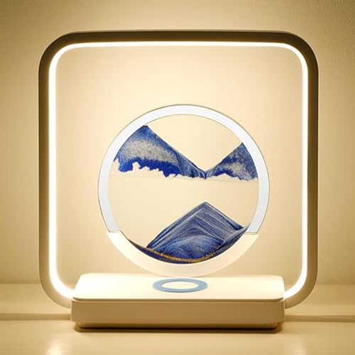LIROPAU Sandbilder Zum Drehen, Fließende Sandkunst mit Led Licht, Bewegende Sandkunst 3D Dynamisches Sandbild, Kabelloses Laden Bewegende Sandkunstbild Landschaft für Desktop Deko (Blau) von LIROPAU
