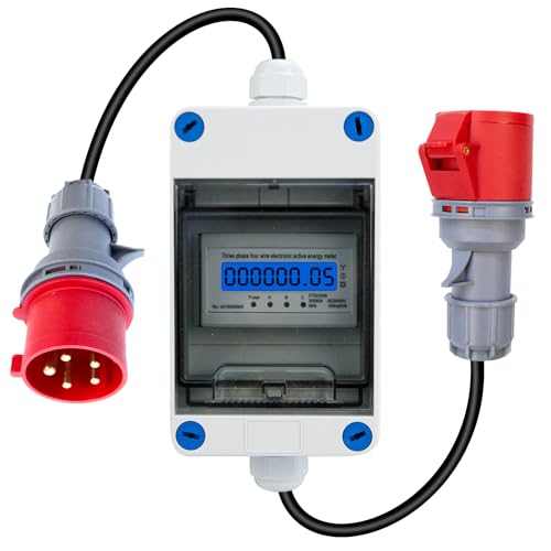 Mobiler Stromzähler, 3 Phasen 32A 400V Mobiler Digitaler Stromzähler Mit 5G 2.5 CEE Stecker und Kupplung, Mobiler Digitalzähler Mit 0,5 m Kabel an Beiden Enden, Steckdosenadapter Zähler (32A) von LIROPAU