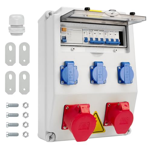 Wandverteiler mit FI-Schutzschalter, Baustromverteiler 32A mit Fi Schalter Typ A, 40A 30mA RCBO Wandverteiler Stromverteiler Wasserdicht für Verteilerkasten(16A 1P LS+16A 3P LS+32A 3P LS+30mA RCBO) von LIROPAU