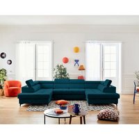 Merida - wohnlandschaft u-form - 7-sitzer - mit schlaffunktion, bettkasten und verstellbaren kopfstützen - aus samt - entenblau von LISA DESIGN
