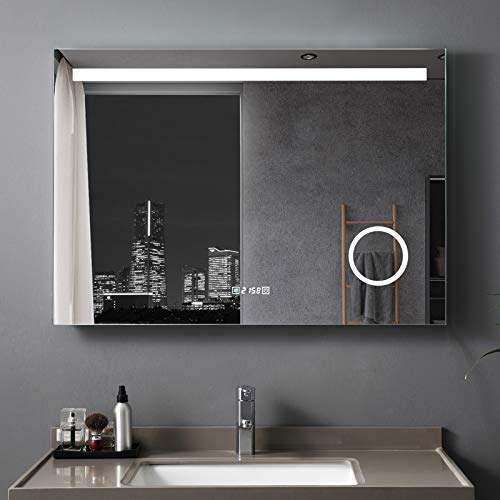 LISA Badspiegel 120 x 80 cm mit Beleuchtung LED Rechteckig Badezimmer Wandspiegel Antibeschlage Lichtspiegel mit Touchschalter IP44 Kaltweissen mit Uhr von LISA