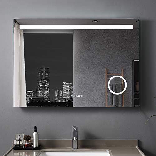 LISA 100 x 70 cm LED Badspiegel Beleuchtung Touchschalter IP44 Wandspiegel Antibeschlage Lichtspiegel mit Uhr und 3-Fach Vergrößerung von LISA