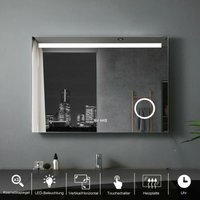 Badspiegel mit Beleuchtung led Badezimmerspiegel Wandspiegel mit Touch Beschlagfrei Dimmbar IP44, H:80x60cm mit Uhr+3-Fach Vergrößerung+Steckdose von LISA