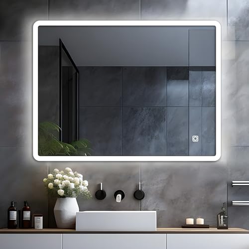 LISA LED Badspiegel mit Beleuchtung 120x70 cm, Bad Spiegel Groß badezimmerspiegel mit Touch Kaltweiß Licht Antibeschlag Wandspiegel für Badezimmer, WC, Flur Abgerundete Ecken von LISA