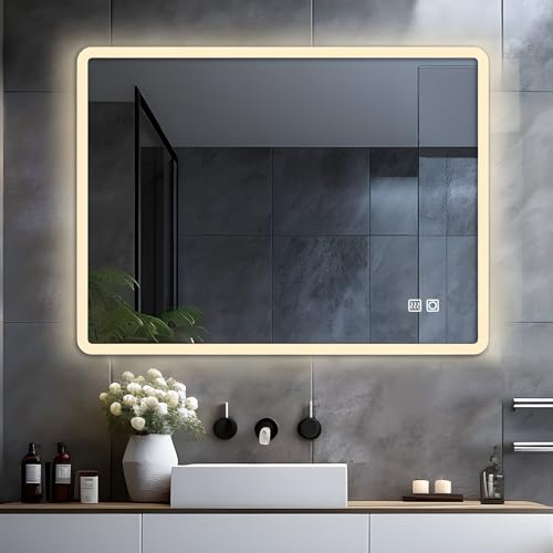 LISA LED Badspiegel mit Beleuchtung 60x50 cm, Bad Spiegel Groß badezimmerspiegel mit Touch Dimmbar Warmweiß/Kaltweiß Licht Antibeschlag Wandspiegel für Badezimmer, WC, Flur Abgerundete Ecken von LISA