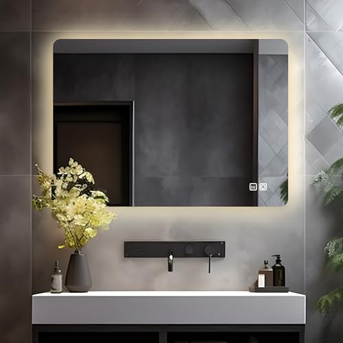 LISA LED Badspiegel mit Beleuchtung 70x50 cm, Bad Spiegel Groß badezimmerspiegel mit Touch Dimmbar Warmweiß/Kaltweiß Licht Antibeschlag Wandspiegel für Badezimmer, WC, Flur Rückbeleuchtung von LISA