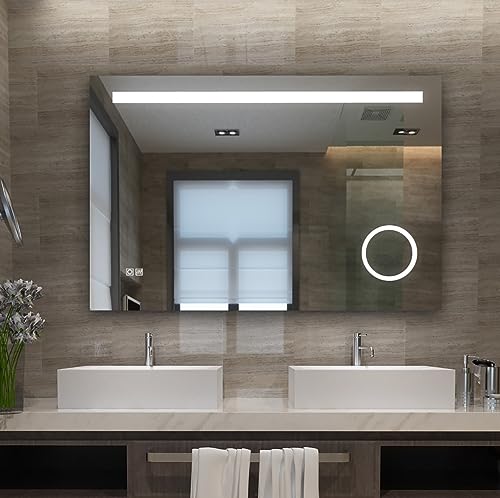 Lisa Badspiegel 70x100cm mit Beleuchtung LED Badezimmer Wandspiegel kaltweiß Lichtspiegel mit 3-Fach Vergrößerung Knopfschalter Beschlagfrei Uhr A++ von LISA