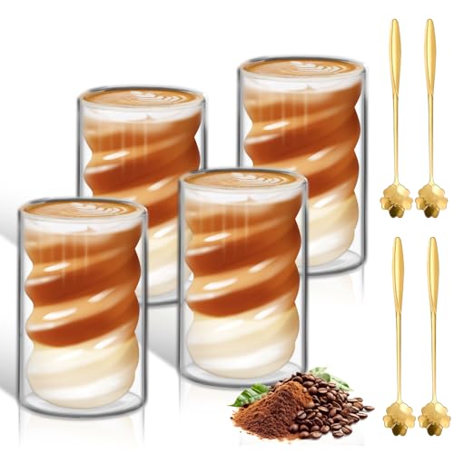LISDATKE Latte Macchiato Gläser Doppelwandig 400ml 4er Set Doppelwandige Kaffeegläser Cappuccino Gläser mit 4 Löffeln Thermogläser aus Borosilikatglas von LISDATKE