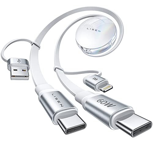 LISEN 60W USB C und Lightning Kabel 2 in 1, Einziehbar Multi Ladekabel Tragbar für Reisen, 4 In 1 ladekabel mit 5-stufige Länge Lightning Kabel USB C für iPhone15 14/iPad/Samsung/Tablet, Alle Geräte von LISEN
