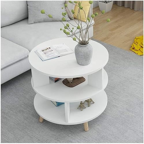 Kleiner runder Beistelltisch aus Holz mit 3 Ebenen, Tischbeine aus Massivholz, Beistelltisch mit Ablagefläche (blau/weiß, 48/60 x 55,5 cm), Satztische (Farbe: Weiß, Größe von LISHEUK