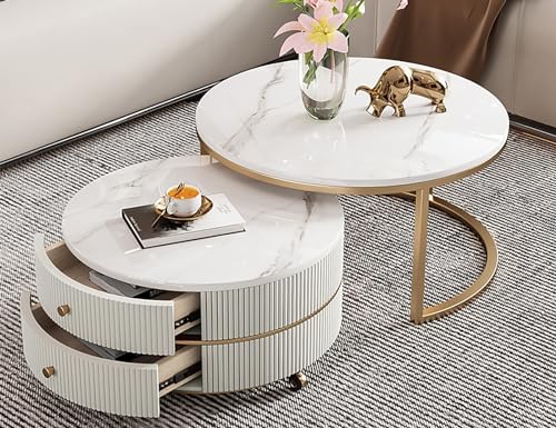 LISHEUK 2er-Set runder Couchtische mit Doppelschubladen – Felsplatten-Design, perfekte Beistelltische für Wohnzimmer und Schlafzimmer von LISHEUK