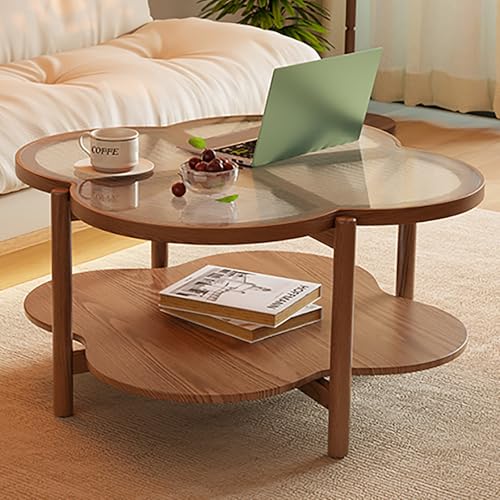 LISHEUK Couchtisch aus massivem Holz im Landhausstil mit Glastischplatte für Wohnzimmer und Schlafzimmer, doppelschichtiger, unregelmäßiger Beistelltisch, wolkenförmiges Design, von LISHEUK