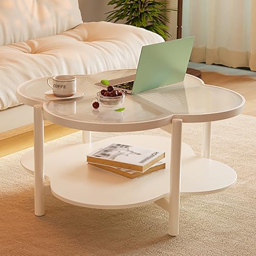 LISHEUK Couchtisch im Bauernhausstil aus Massivholz mit wolkenförmigem Design, doppelschichtiger, unregelmäßiger Beistelltisch mit Glastischplatte, einfach zu montieren, für Wohn von LISHEUK