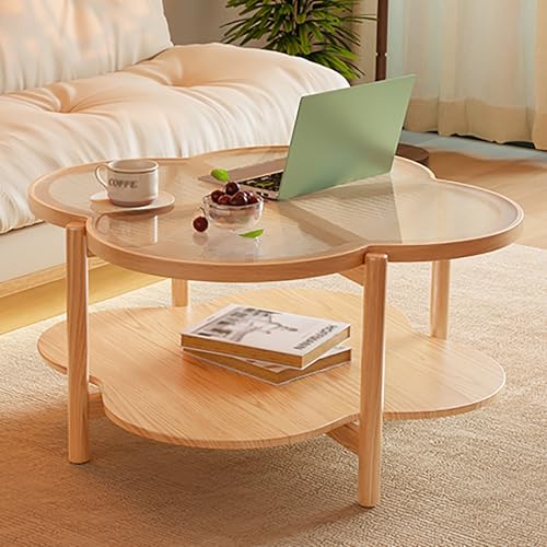 LISHEUK Couchtisch im Landhausstil aus massivem Holz mit doppelschichtiger, unregelmäßiger Glasplatte, einfach zu montieren, für Wohnzimmer und Schlafzimmer von LISHEUK