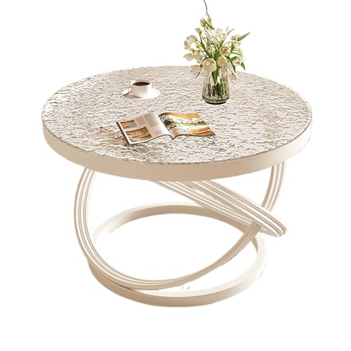 LISHEUK Kreativer runder Couchtisch aus Glas mit Metallrahmen. Moderner dekorativer Beistelltisch für Wohnzimmer oder Büro. Kein Zusammenbau erforderlich. Kleine weiße Tischplatt von LISHEUK