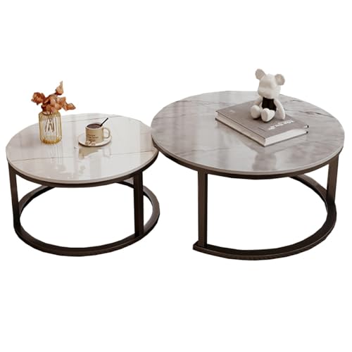 LISHEUK Moderne Beistelltische aus Metall, 2er-Set, stapelbare Beistelltische mit Metallrahmen, abnehmbare runde Couchtische, Satztische mit Marmormusterplatte für Wohnzimmer (/S von LISHEUK