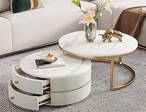LISHEUK Moderne Satztische 2er-Set - Runder Couchtisch mit Doppelschubladen, Steinoptik-Design - Stilvoller Beistelltisch für Wohnzimmer/Schlafzimmer von LISHEUK