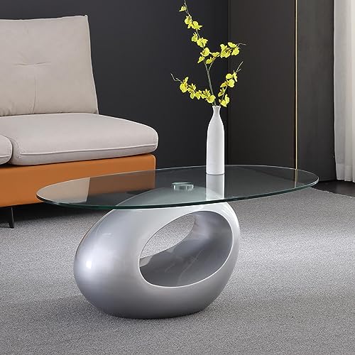 LISHEUK Moderner ovaler Couchtisch aus Glas mit hochglänzender, hohler Ablagefläche, Tischplatte aus gehärtetem Glas und stilvollem Design. Ideal für Zuhause, Wohnzimmer, Schlafz von LISHEUK