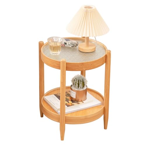 LISHEUK Moderner runder Beistelltisch aus Bambus, Sofa-Beistelltisch, Nachttisch aus Glas für Wohnzimmer und Schlafzimmer, 38 x 38 x 50 cm von LISHEUK