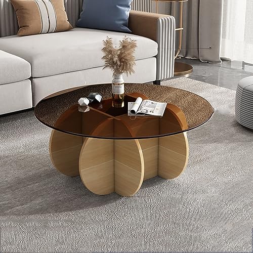 LISHEUK Moderner runder Couchtisch aus Glas mit Massivholzbasis, Platte aus klarem gehärtetem Glas, stilvoller Mitteltisch für Wohnzimmer oder Terrasse, 31 x 16 Zoll, Farbschema von LISHEUK