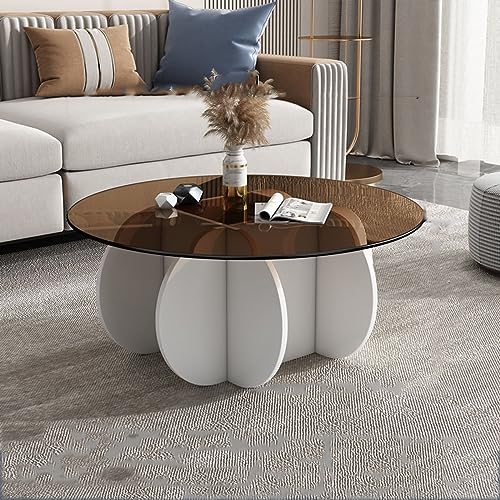 LISHEUK Moderner runder Couchtisch mit Platte aus klarem gehärtetem Glas und Untergestell aus Massivholz. Stilvoller Mitteltisch für Wohnzimmer oder Terrasse. 31 x 16 Zoll. Farbo von LISHEUK