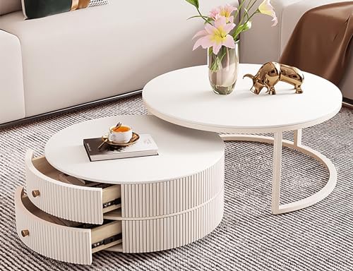 LISHEUK Modernes Satztisch-Set, 2er-Set – runder Couchtisch mit Zwei Schubladen, Marmor-inspiriertes Design – stilvoller Beistelltisch für Wohnzimmer oder Schlafzimmer von LISHEUK