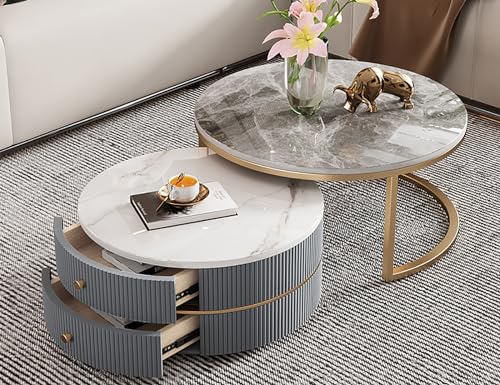 LISHEUK Modernes Satztisch-Set aus 2 - Runder Couchtisch mit Zwei Schubladen, von Naturstein inspiriertes Design - Stilvoller Beistelltisch für Wohnzimmer oder Schlafzimmer LISHEUK Modernes Satztisch-Set aus 2 - Runder Couchtisch mit Zwei Schubladen, von Naturstein inspiriertes Design - Stilvoller Beistelltisch für Wohnzimmer oder Schlafzimmer von LISHEUK