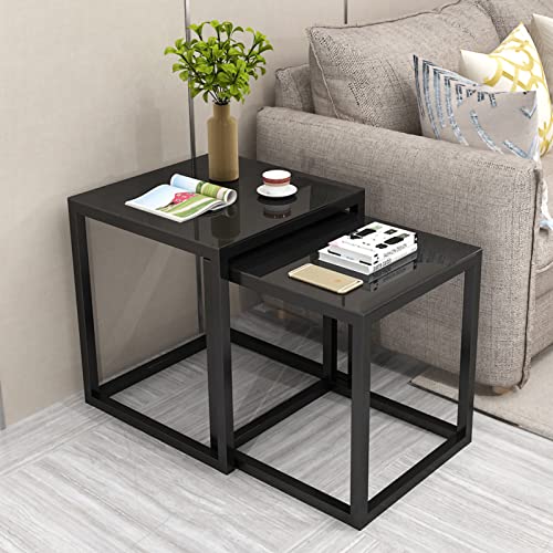 LISHEUK Quadratisches Beistelltisch-Set aus 2, Couchtisch-Beistelltisch mit glatter Platte aus gehärtetem Glas, Sofatisch mit Metallrahmen, modernes Satz-Teetisch-Set für Wohnzim von LISHEUK