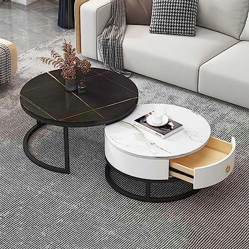 LISHEUK Runder Couchtisch, 2er-Set, moderner runder Couchtisch, Satztisch-Set mit Schubladen, Sofatisch mit Metallrahmen in Schiefermarmorstruktur, moderner Teetisch für Schlafz LISHEUK Runder Couchtisch, 2er-Set, moderner runder Couchtisch, Satztisch-Set mit Schubladen, Sofatisch mit Metallrahmen in Schiefermarmorstruktur, moderner Teetisch für Schlafz von LISHEUK