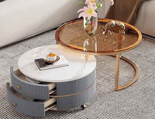 LISHEUK Runder Couchtisch, 2er-Set mit Doppelschublade, Felsplatten-Design – Satztische für Wohnzimmer/Schlafzimmer – Stilvolle Beistelltischmöbel für die Inneneinrichtung von LISHEUK