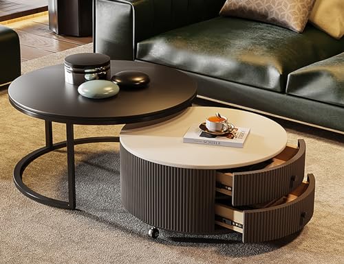 LISHEUK Runder Couchtisch, 2er-Set mit Doppelschublade – Felsplatten-Design – Satztische für Wohnzimmer/Schlafzimmer – Moderne Beistelltischmöbel von LISHEUK