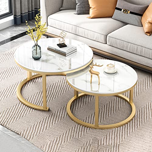 LISHEUK Rundes Couchtisch-Set aus Glas, moderner stapelbarer runder Beistelltisch für das Wohnzimmer mit stabilem Metallrahmen und hochglänzender Sofa-Tischplatte für Schlafzimm von LISHEUK