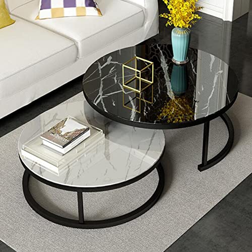 LISHEUK Satztisch-Couchtisch, 2er-Set, moderner Beistelltisch, rund, stapelbare Couchtische aus gehärtetem Glas mit Marmorstruktur, Wohnzimmer-Sofatisch, Metallrahmen, für Wohnz von LISHEUK