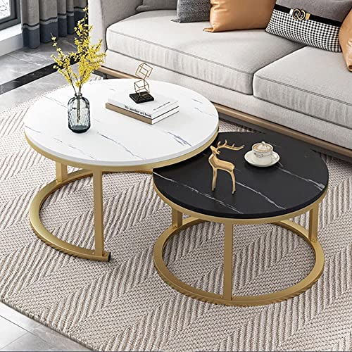 LISHEUK Satztisch-Couchtisch, 2er-Set, stapelbare Beistelltische, Glatte Tischplatte aus gehärtetem Glas für das Wohnzimmer, runde Sofatische aus Metall – 80 x 45 + 60 x 38 cm / von LISHEUK