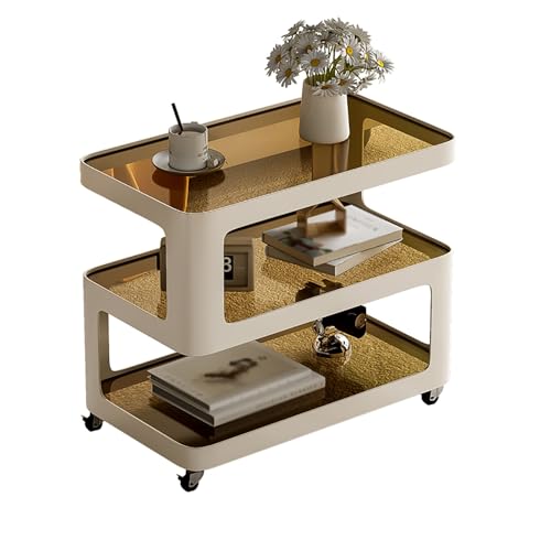 Moderner Couchtisch aus Glas mit mehrschichtigem Stauraum und beweglichen Rädern. Leicht zu reinigen und perfekt für kleine Räume. von LISHEUK