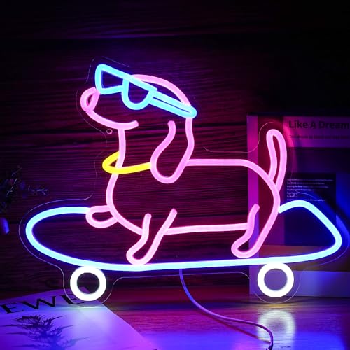 Skateboard Hund Neon Schild Niedliche Brille Hund LED Neonlicht Dimmbar Tier Leuchtschild für Schlafzimmer Dekor Pet Shop Kunst Wanddekoration Geschenk für Mädchen Junge Party Dekoration von LISIGNVE