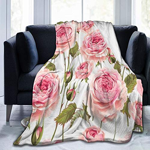 LISNIANY Flanell Fleece Soft Throw Decke，Alte rosa Blumengrußknospe englische Rosen Rosenmuster Natur Vintage antiker Garten weiße Blume，für Sofas Sofa Stühle Couch Leicht,warm und gemütlich 204x153cm von LISNIANY