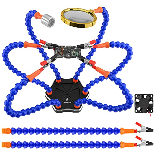 Verbesserte flexible helfende Hände Löten, dritte Hand, Lötstation-Werkzeug (Lupe und Mini-Taschenlampe + rutschfeste Aluminium-Basis + 7 helfende Hände + 360 Grad drehbare Clips + DC-Lüfter) von Makerfire