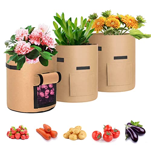 3 Stück 10 Gallonen Kartoffel Pflanzsack, 37L Kartoffel Pflanzen Tasche aus Vliesstoff mit Sichtbarer Klappe und Griffen für Pflanze Tomaten, Kartoffeln, Gemüse und Blumen (35 x 40 cm, Braun) von LITLANDSTAR