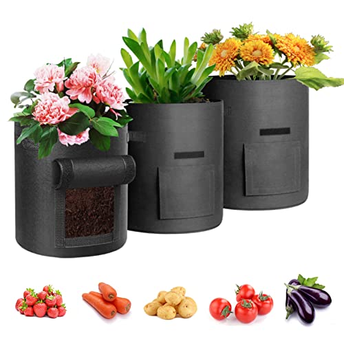 3 Stück 10 Gallonen Kartoffel Pflanzsack, 37L Kartoffel Pflanzen Tasche aus Vliesstoff mit Sichtbarer Klappe und Griffen für Pflanze Tomaten, Kartoffeln, Gemüse und Blumen (35 x 40 cm, Schwarz) von LITLANDSTAR