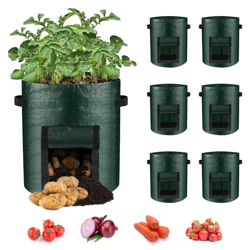 6 Stück Kartoffel Pflanzsack, 15 Gallonen Gemüse Tomatenpflanzen Pflanzsäck mit Stabilen Griffen und Sichtbarer Klappe, Pflanztasche Kartoffelpflanzsack für Tomaten, Kartoffeln, Blumen, Pflanzen von LITLANDSTAR