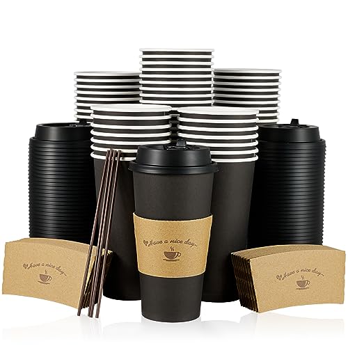 50 Stück 590 ml Papier-Kaffeetassen Trinkbecher für kalte/heiße Kaffee, Schokolade, Ärmeln und Rührstäbchen Schwarze heiße Kaffeetassen für Zuhause, Geschäfte und Cafés von LITOPAK