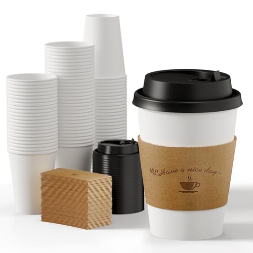 LITOPAK Kaffeetassen mit Deckel, To Go Kaffeetassen mit Deckel und Krafthüllen, weiße Kaffeetasse für heiße Getränke, 340 ml, 100 Stück von LITOPAK