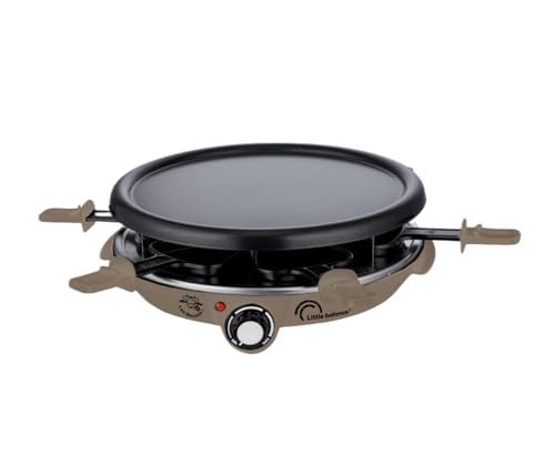 LITTLE BALANCE 8951 Cheese & Crêpes Meuuuh...!, Raclette Grill Crêpespfanne, 3 in 1, 6 Pfannenwender, Holz, PFAS-frei, 6 Personen, 1200 W, Muskat von LITTLE BALANCE
