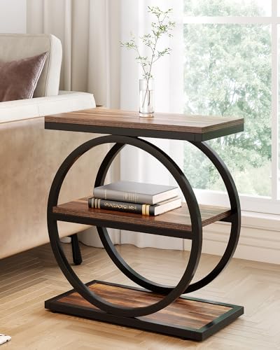 LITTLE TREE 3-stöckiger Beistelltisch, schmaler Sofa-Beistelltisch für Wohnzimmer, hoher Nachttisch, rustikales Braun und Schwarz von LITTLE TREE