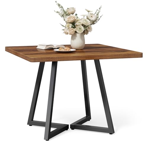 LITTLE TREE Kleiner Esstisch für 4 Personen, quadratischer Esstisch für kleine Räume, Esszimmertische, rustikaler brauner Holz-Küchentisch mit Metallbeinen, moderner Freizeit-Café-Tisch für Wohnung von LITTLE TREE