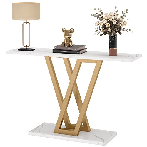 LITTLE TREE Konsolentisch Flurtisch für den Eingangsbereich 43-Zoll-Sofatisch Flurtische für das Wohnzimmer, weiß und goldfarben von LITTLE TREE