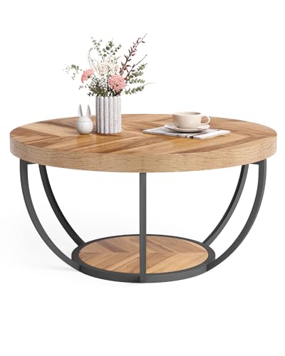 LITTLE TREE Runder Couchtisch, 81,3 cm, runder Couchtisch für Wohnzimmer, 2-stöckiger Holzakzent-Mitteltisch mit offenem Stauraum, Industrie-Design, Wohnmöbel (Holzmaserung und Schwarz) von LITTLE TREE
