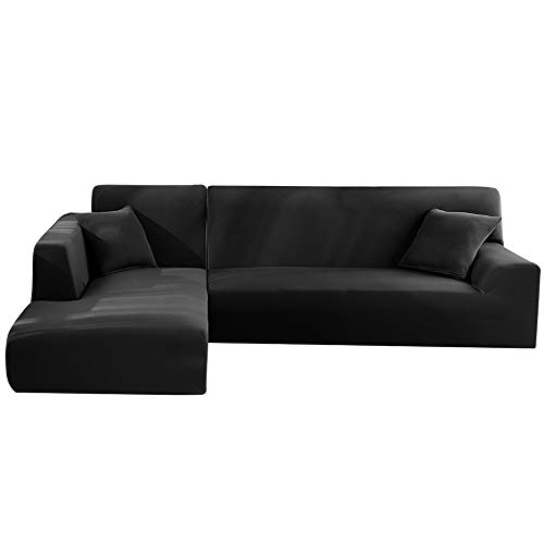 LITTLEGRASS Sofabezug Sofaüberwürfe für L-Form Elastische Stretch 2er Set für 3 Sitzer(190-230cm) + 4 Sitzer 230-330cm Schwarz von LITTLEGRASS