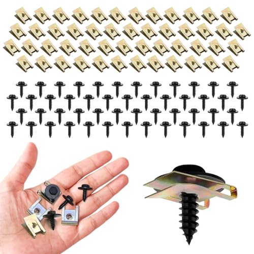 100 Stück Blechmutter Schraube Mutter Clip Kit, Blechschrauben und U Typ Karosserieschrauben Set für Unterbodenschutz auto, Blechmuttern Sortiment für Radkastenabdeckung Kotflügel Platte von LITZEE